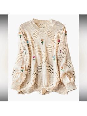 SHEIN Women's Crochet Floral Embroidered Crew Neck Eyelet Knitted Sweater